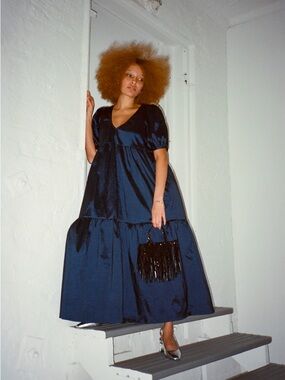 Navy Tiered V-Neck Maxi Dress